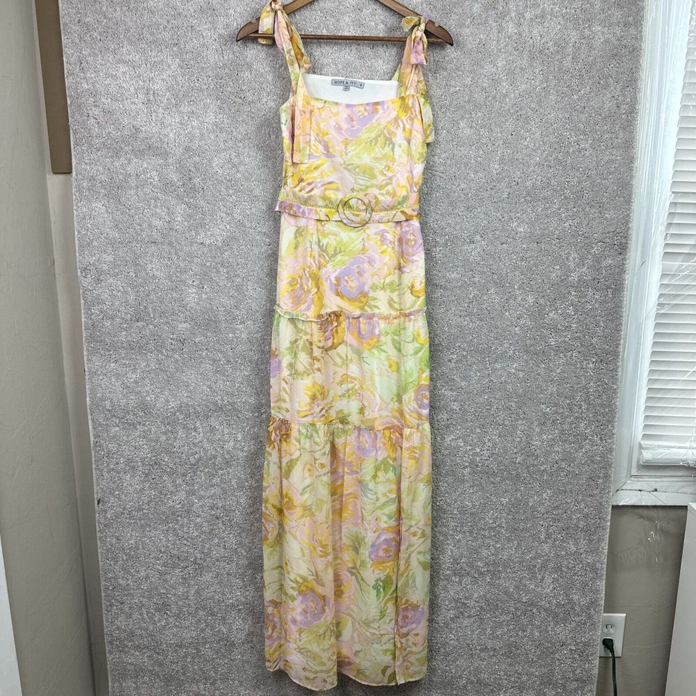 Hope & Ivy Tie‎ Shoulder Belted Maxi Dress in Bright Pastel Floral Size 6 Spring